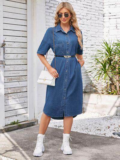 Button Up Dropped Shoulder Denim Dress for Casual Style - Selvanelle