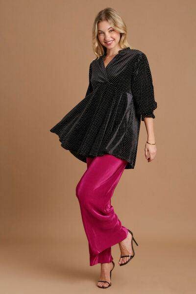 Umgee Full Size Beaded Frill Flounce Sleeve Velvet Blouse - Selvanelle