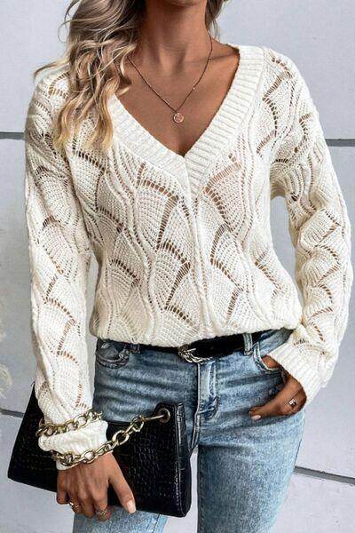 Openwork V-Neck Long Sleeve Sweater for Women Fashion - Selvanelle