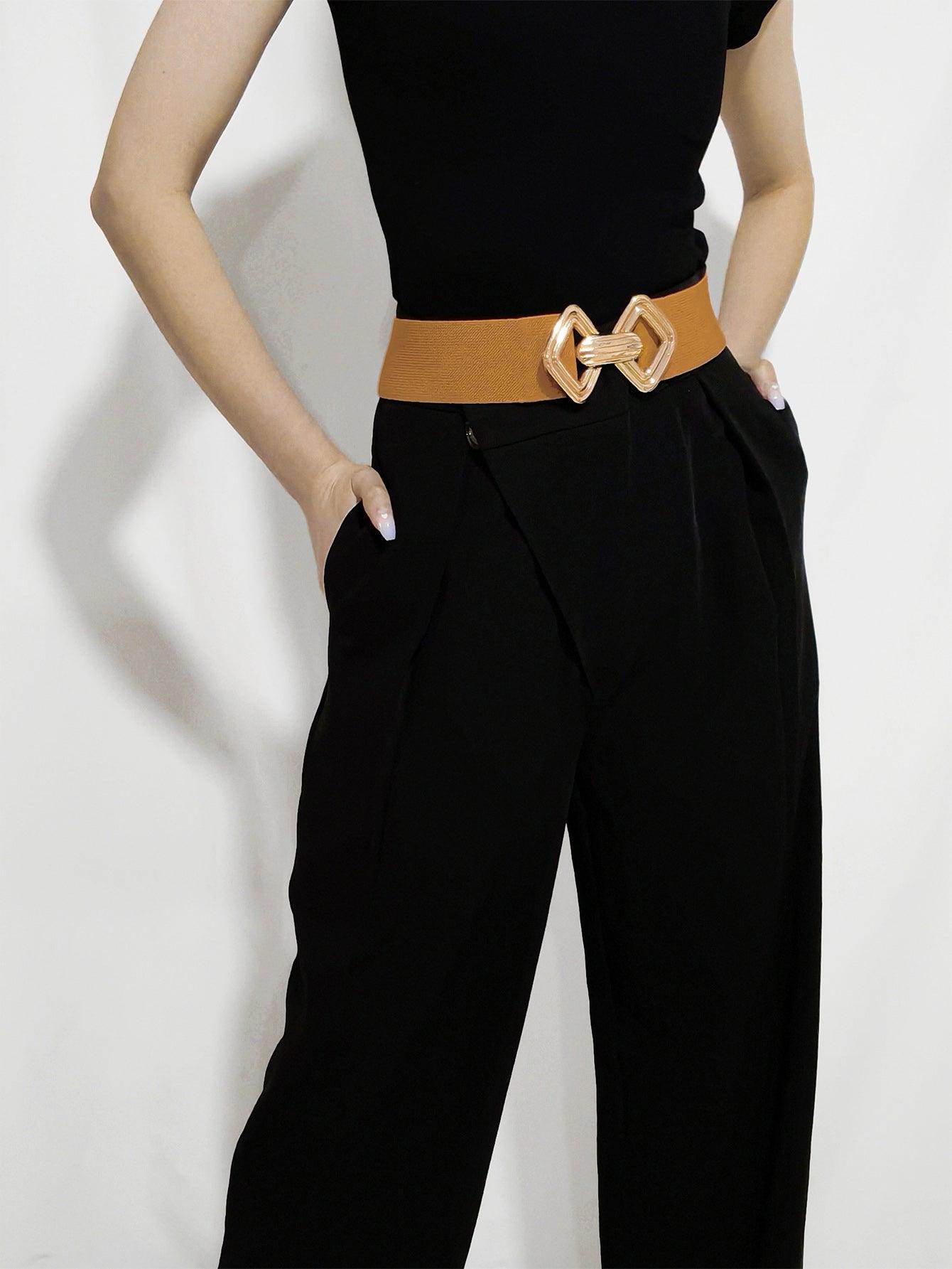 Geometric Buckle Elastic Wide Belt for Stylish Comfort - Selvanelle