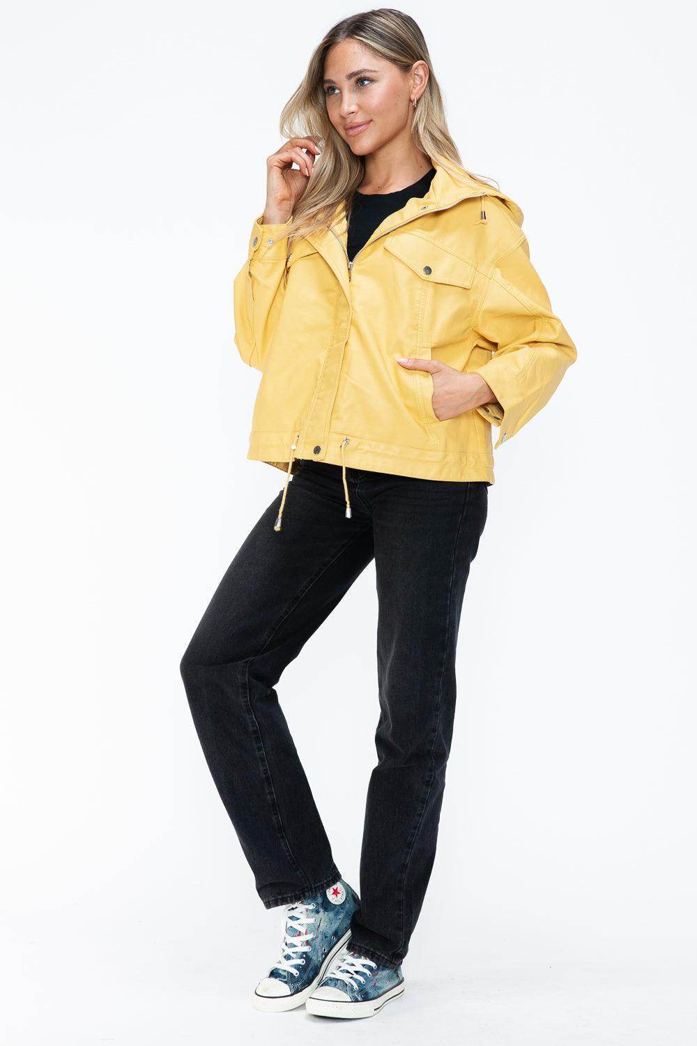 How Dare U Drawstring Hem PU Leather Zip Up Jacket for Women - Selvanelle