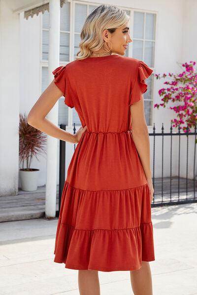Ruched Notched Cap Sleeve Dress with Pockets and Stretch - Selvanelle