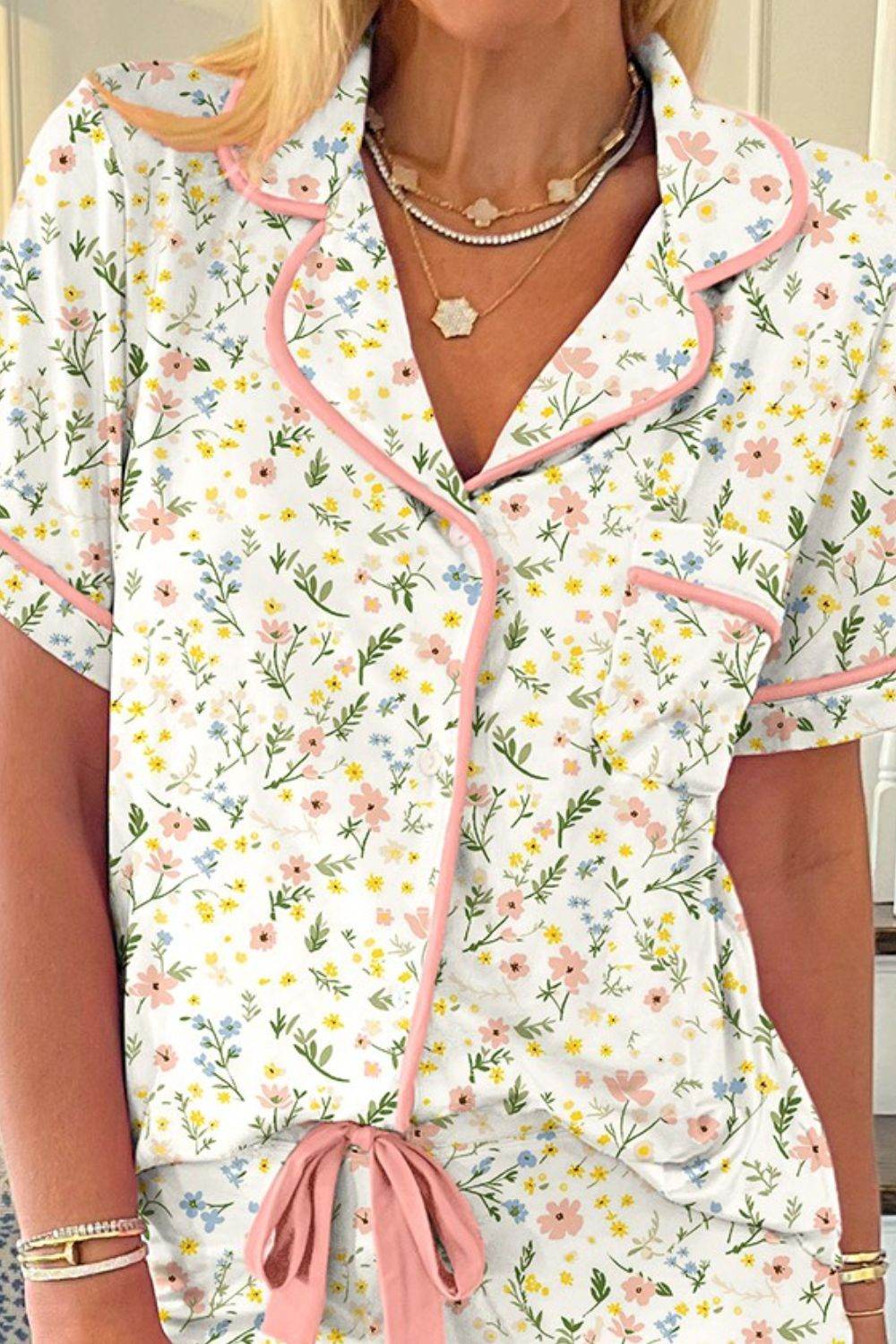 Printed Button Up Short Sleeve Top and Shorts Lounge Set - Selvanelle