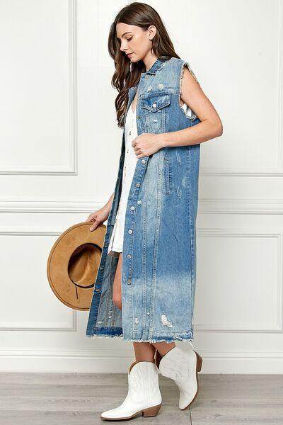 Veveret Full Size Distressed Sleeveless Longline Denim Jacket - Selvanelle