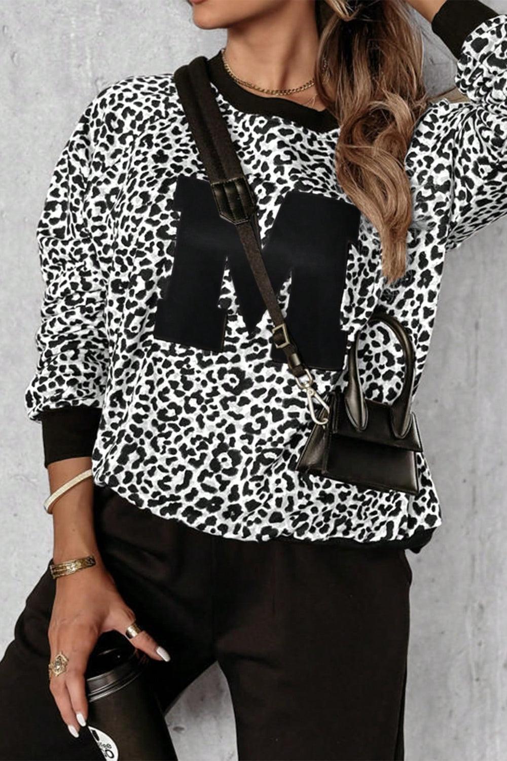 Letter M Leopard Round Neck Top and Pants Set for Women