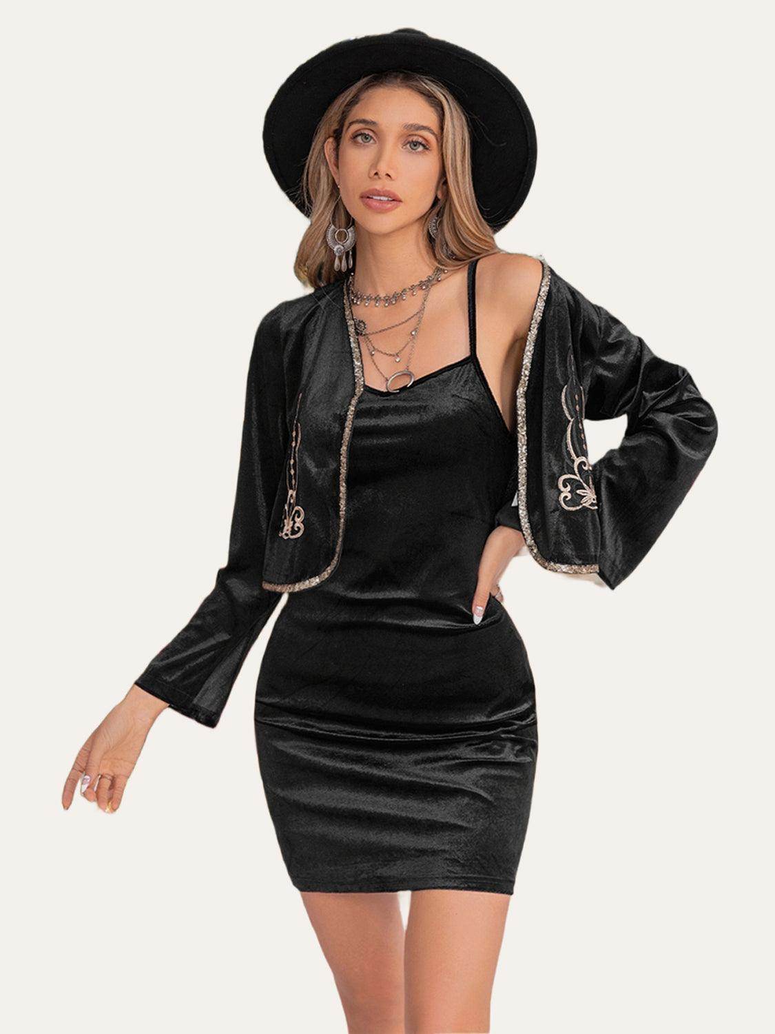 Embroidered Open Front Cardigan and Cami Dress Set for Women - Selvanelle