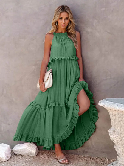 Ruffled Sleeveless Tiered Maxi Dress with Pockets - Selvanelle