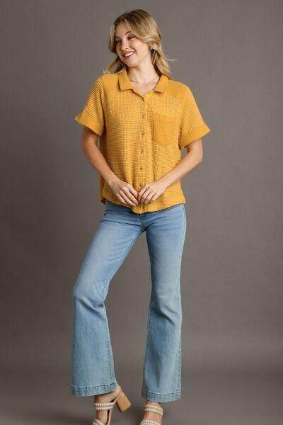 Umgee Full Size Waffle-Knit Short Sleeve Button Down Shirt - Selvanelle