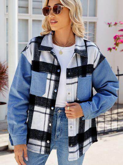 Pocketed Plaid Snap Down Denim Jacket for Stylish Wear - Selvanelle