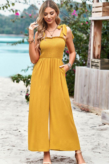Devine Frill Trim Tie Shoulder Wide Leg Jumpsuit with Pockets - Selvanelle