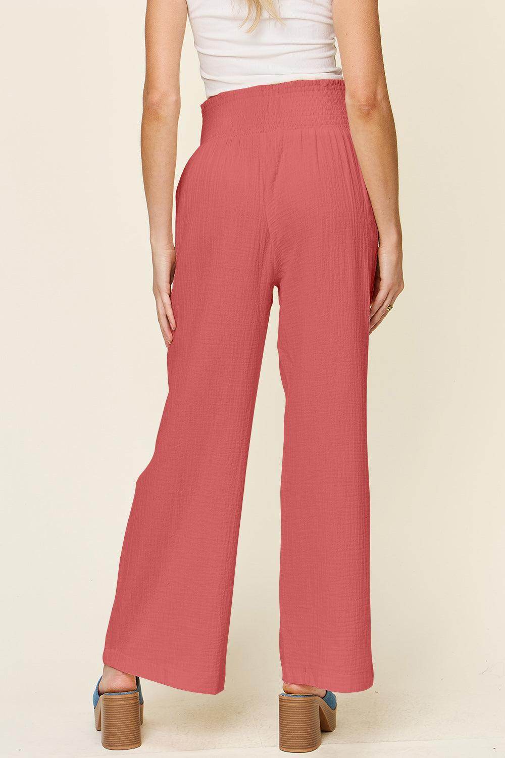 Double Take Full Size Texture Smocked Waist Wide Leg Pants For Women - Selvanelle