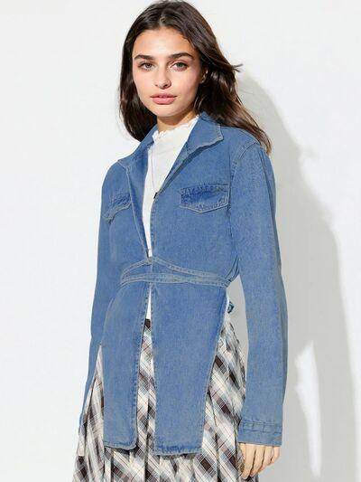 Asymmetric Slit Collared Neck Long Denim Top for Women - Selvanelle