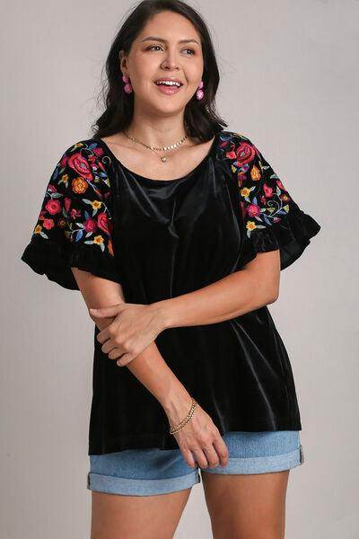 Umgee Full Size Velvet Embroidery Short Sleeve Blouse for Women - Selvanelle