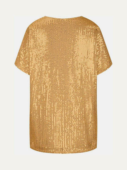 Full Size Sequin V-Neck Short Sleeve Top for Women - Selvanelle