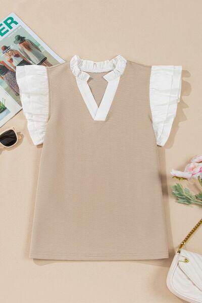 Ruffled Notched Cap Sleeve Top for Women in Various Sizes - Selvanelle