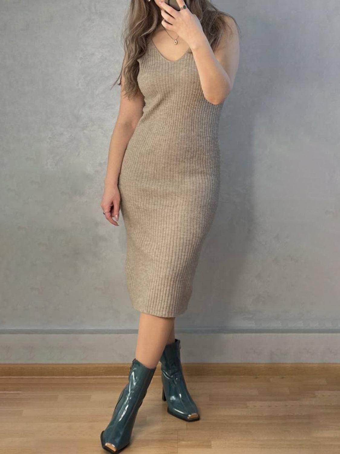 V-Neck Cami Dress and Open Front Cardigan Sweater Set - Selvanelle
