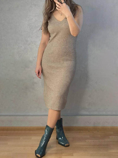 V-Neck Cami Dress and Open Front Cardigan Sweater Set - Selvanelle