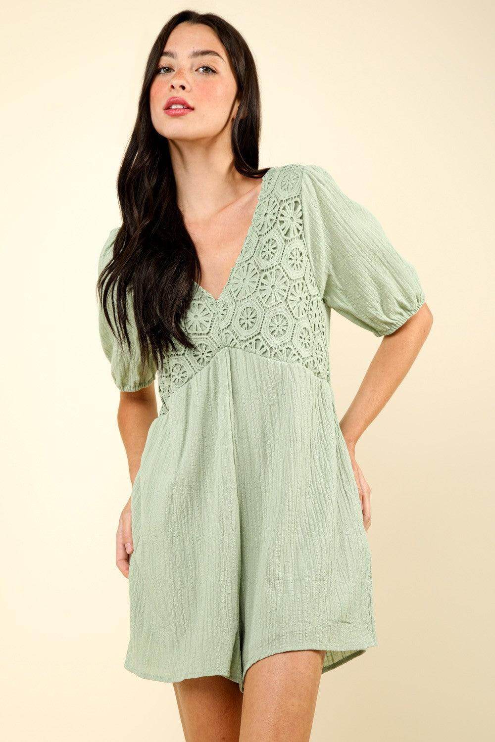 Very J Lace Detail Puff Sleeve Romper with Pockets - Selvanelle
