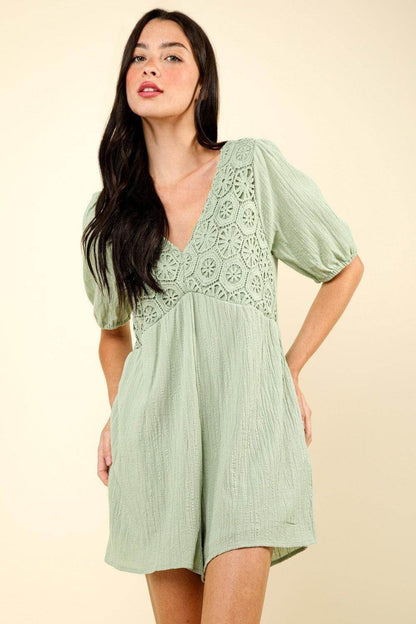 Very J Lace Detail Puff Sleeve Romper with Pockets - Selvanelle