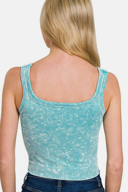 Zenana Washed Ribbed Scoop Neck Wide Strap Tank Top - Selvanelle