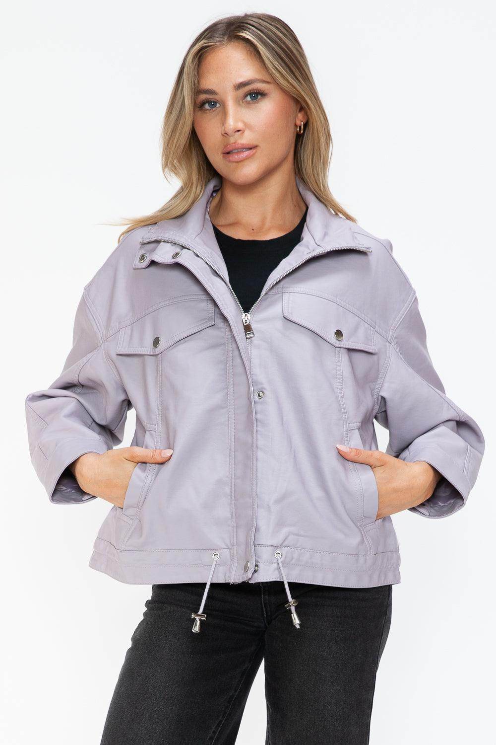 How Dare U Drawstring Hem PU Leather Zip Up Jacket Women - Selvanelle