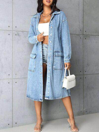 Pocketed Button Up Collared Neck Denim Top for Women - Selvanelle