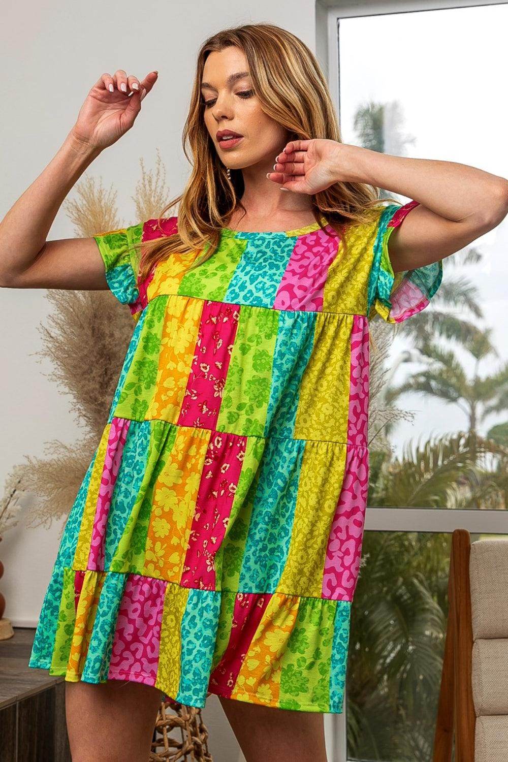 BiBi Leopard Short Sleeve Tiered Dress for Trendy Style - Selvanelle