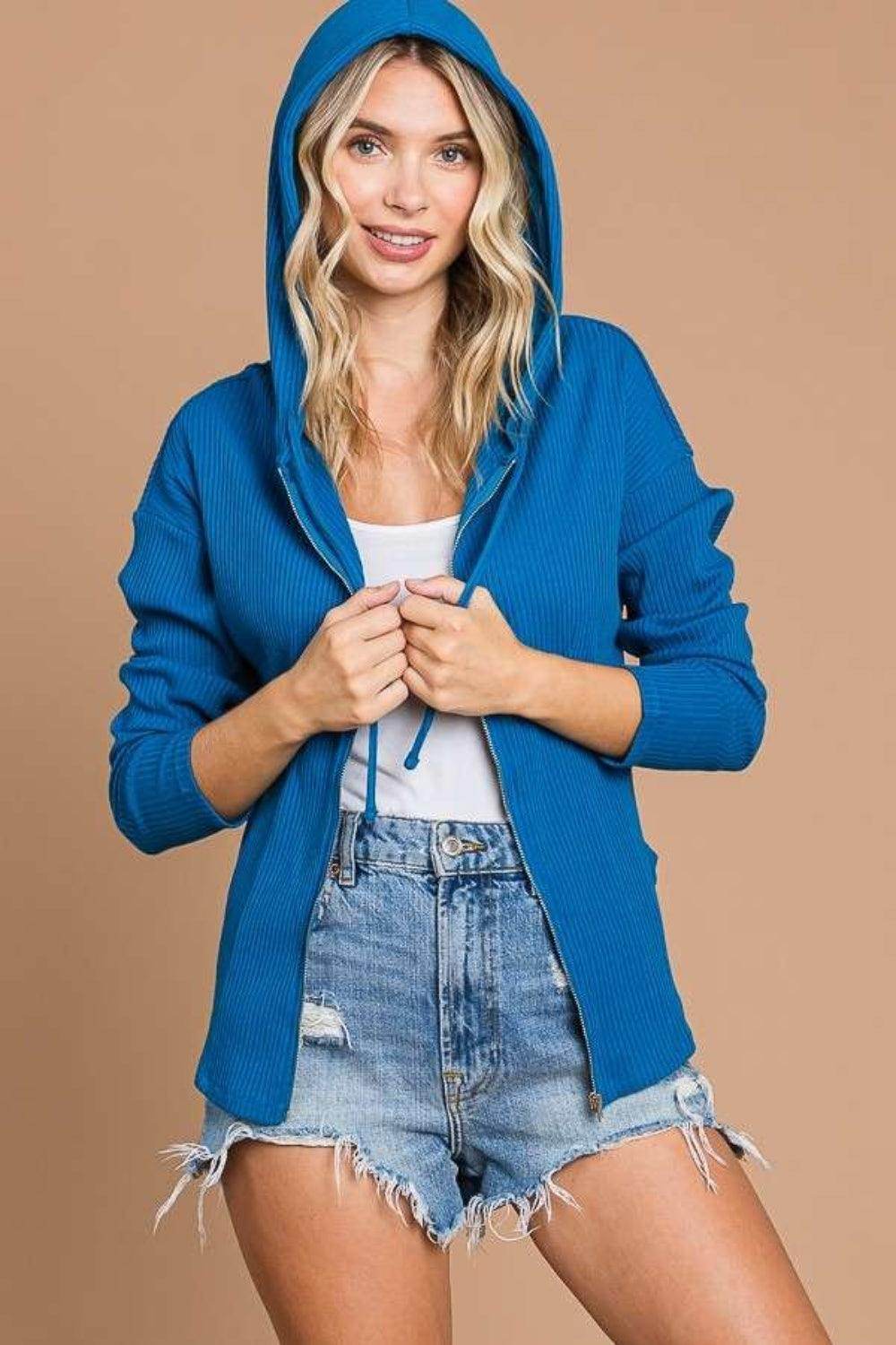 Culture Code Full Size Ribbed Zip Up Hooded Jacket - Selvanelle