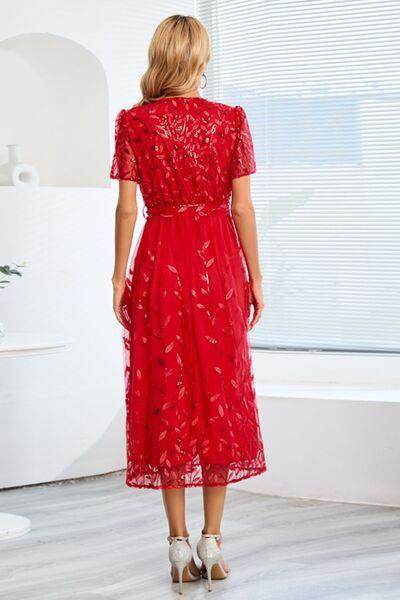 Sequin Leaf Embroidery Tie Front Short Sleeve Dress for Women - Selvanelle