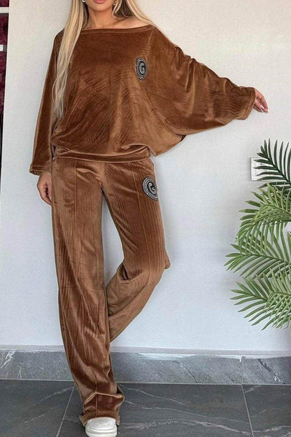 Full Size Boat Neck Long Sleeve Top and Pants Set Outfit - Selvanelle