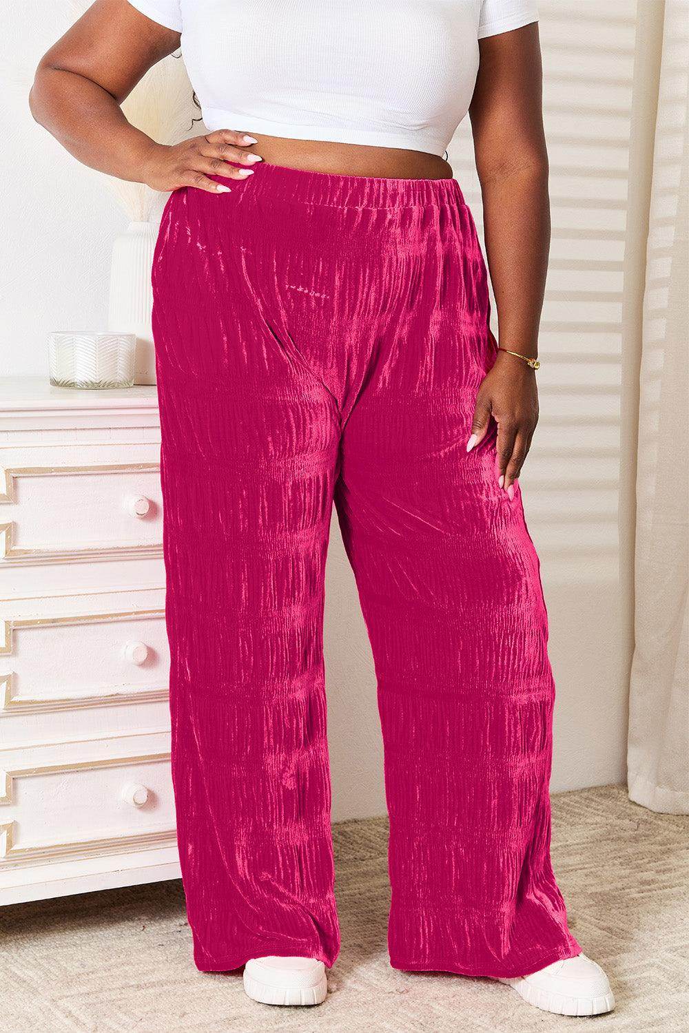 Double Take Full Size High Waist Tiered Shirring Velvet Pants - Selvanelle