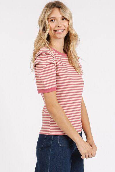 Mittoshop Striped Round Neck Puff Sleeve T-Shirt for Women - Selvanelle