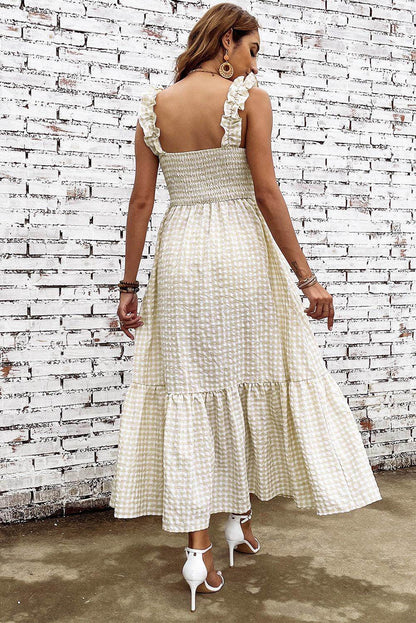 Plaid Ruffle Strap Square Neck Dress for Casual Style - Selvanelle