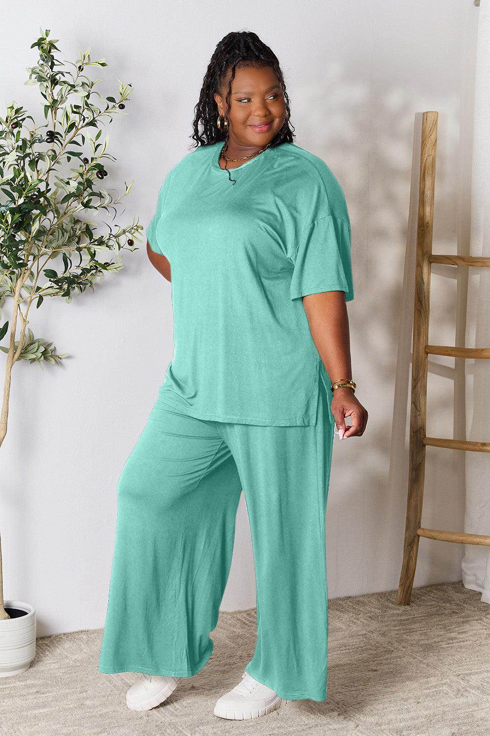 Double Take Full Size Round Neck Slit Top and Pants Set - Selvanelle