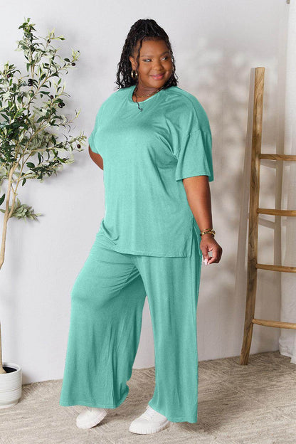 Double Take Full Size Round Neck Slit Top and Pants Set - Selvanelle