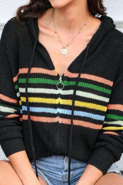 Striped Zip Up Hooded Sweater Cardigan for Women Fashion - Selvanelle