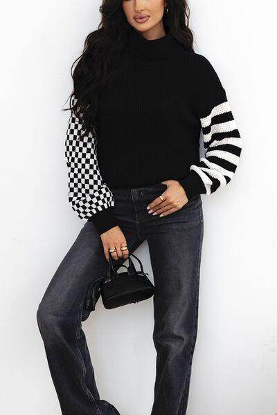 Striped & Checkered Turtleneck Dropped Shoulder Sweater - Selvanelle