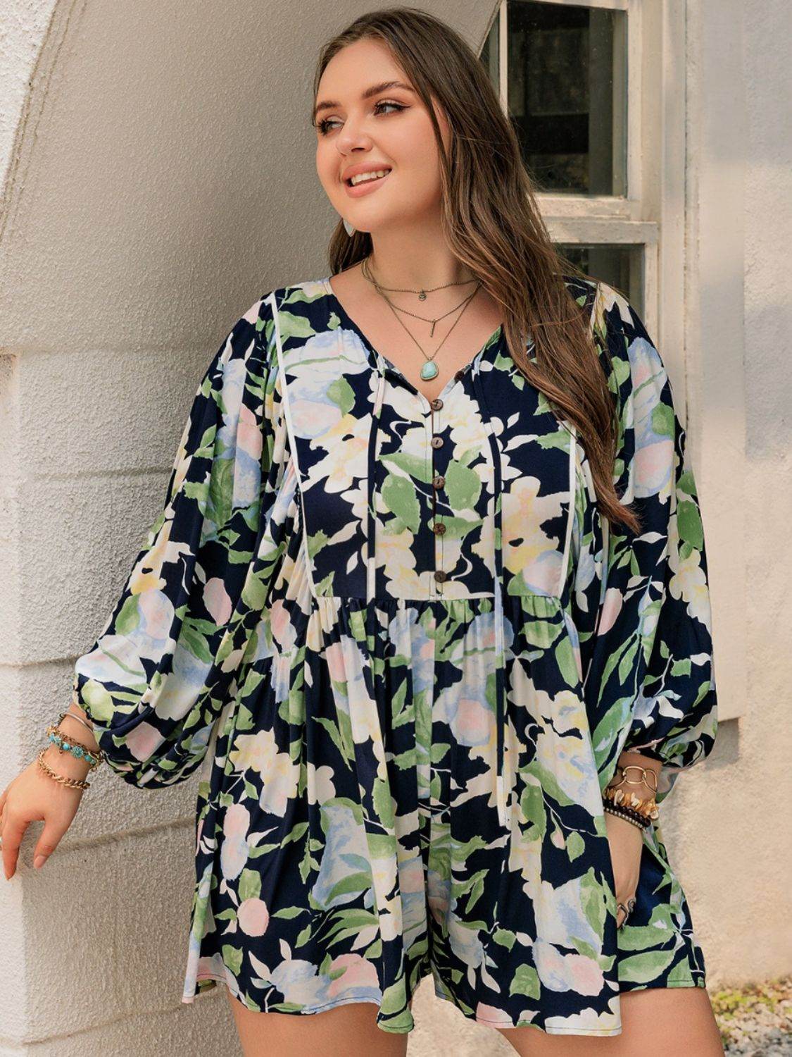 Plus Size Tied Printed Long Sleeve Romper - Selvanelle