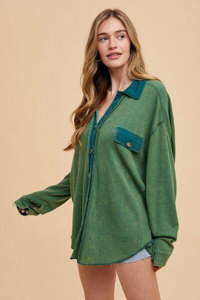 Annie Wear Waffle-Knit Mineral Washed Button Down Shirt - Selvanelle