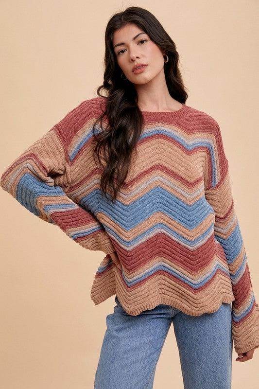 Annie Wear Multi Color Zig-Zag Round Neck Sweater for Women - Selvanelle