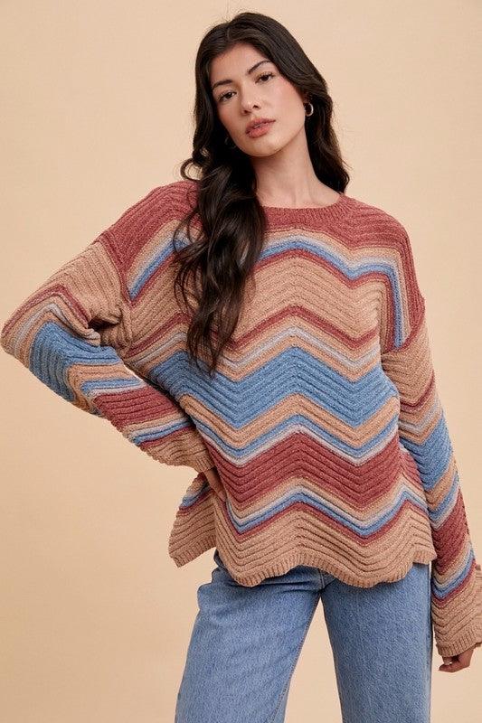 Annie Wear Multi Color Zig-Zag Round Neck Sweater for Women