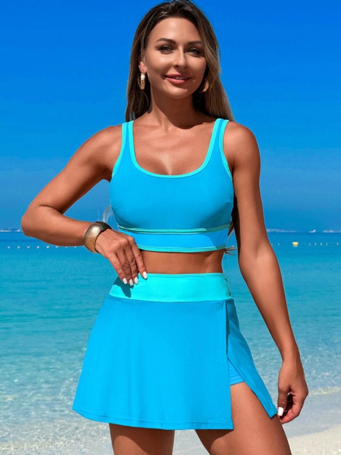 Scoop Neck Top and Skort Swim Set - Selvanelle