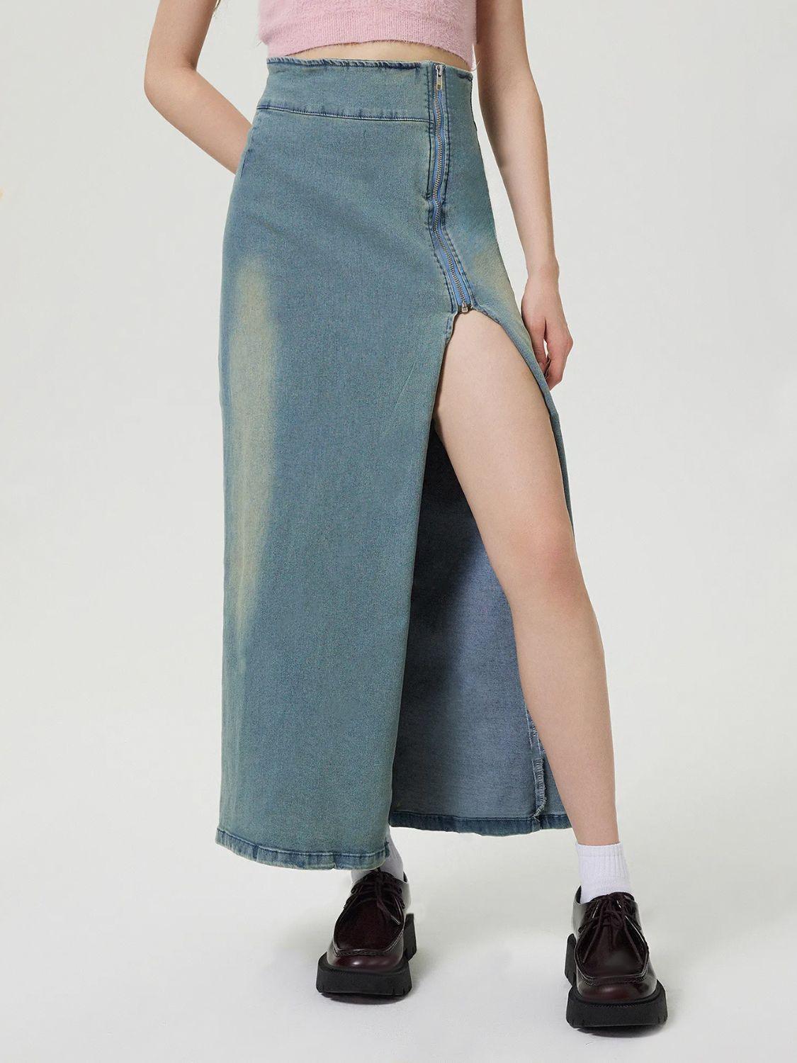 Slit Denim Skirt with Zip for Women in Various Sizes