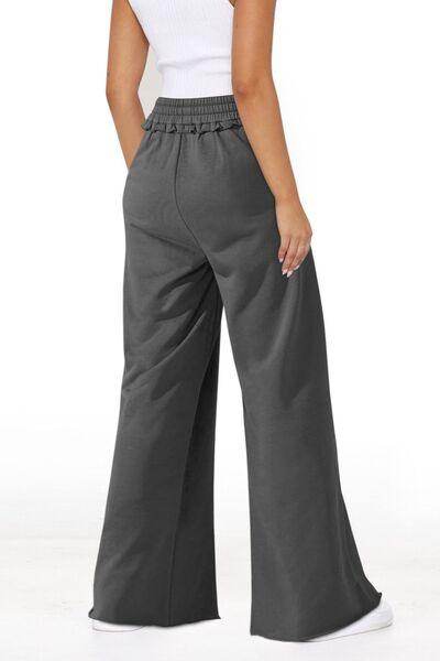 High Waist Wide Leg Pants with Pockets and Frill Detail - Selvanelle