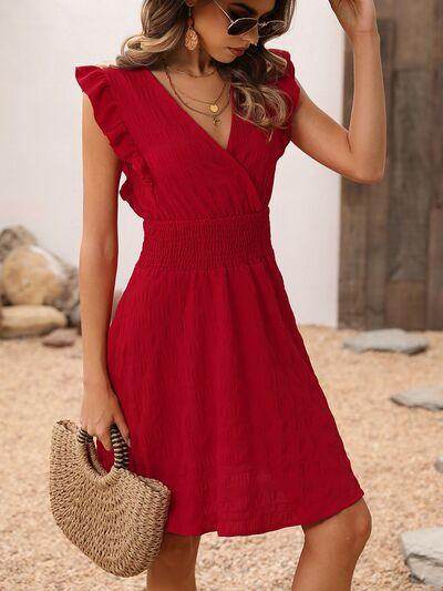Smocked Ruffled Surplice Mini Dress for Women Stylish Look - Selvanelle