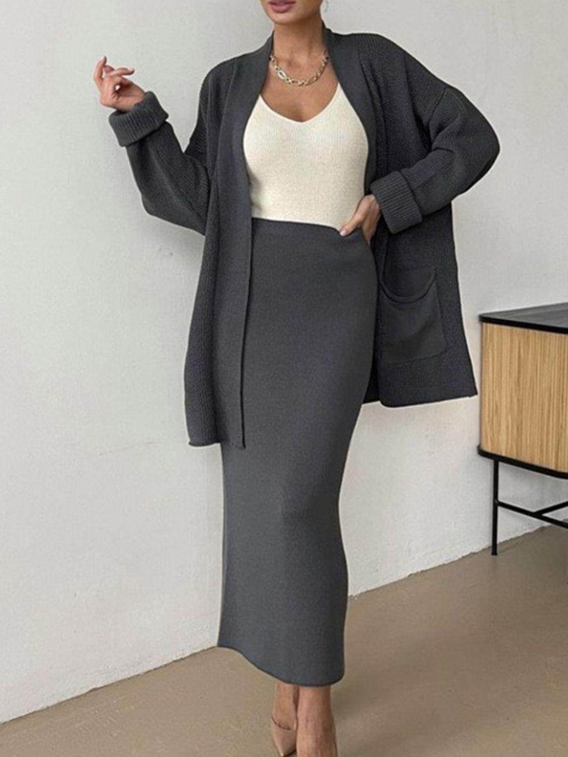 Pocketed Long Sleeve Cardigan and Skirt Sweater Set - Selvanelle