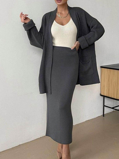 Pocketed Long Sleeve Cardigan and Skirt Sweater Set - Selvanelle