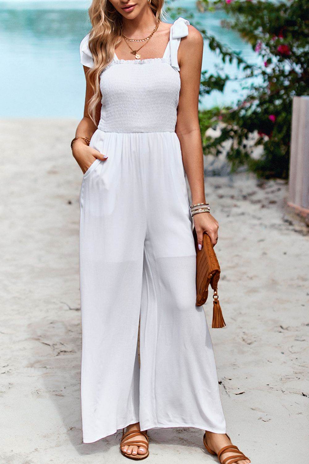 Devine Frill Trim Tie Shoulder Wide Leg Jumpsuit with Pockets - Selvanelle