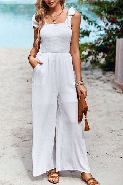 Devine Frill Trim Tie Shoulder Wide Leg Jumpsuit with Pockets - Selvanelle