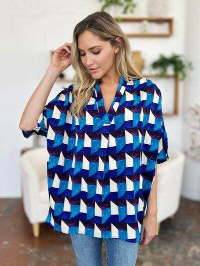Double Take Full Size Geometric Notched Half Sleeve Blouse - Selvanelle